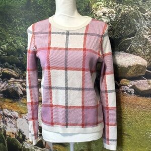 Tahari Plaid Crew Neck Sweater - Pink, Red, and Gray